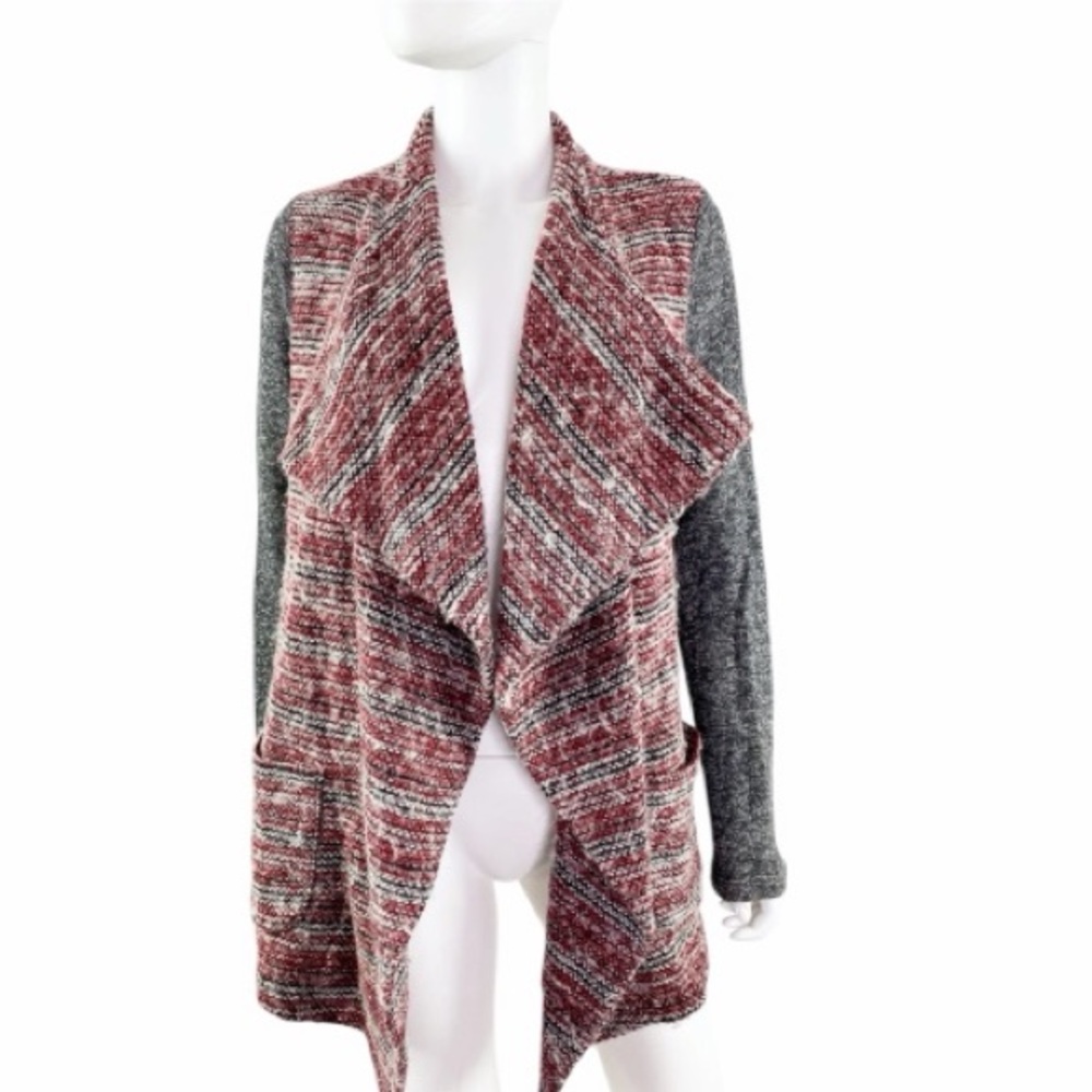 NWT Lucky Brand Waterfall Cardigan Gray & Red Knit Sweater Boho Womens Size XL